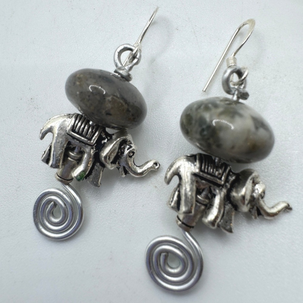 Silver Tone Elephant Dangle Earrings with Grey Stone Bead Spiral Detail Safari